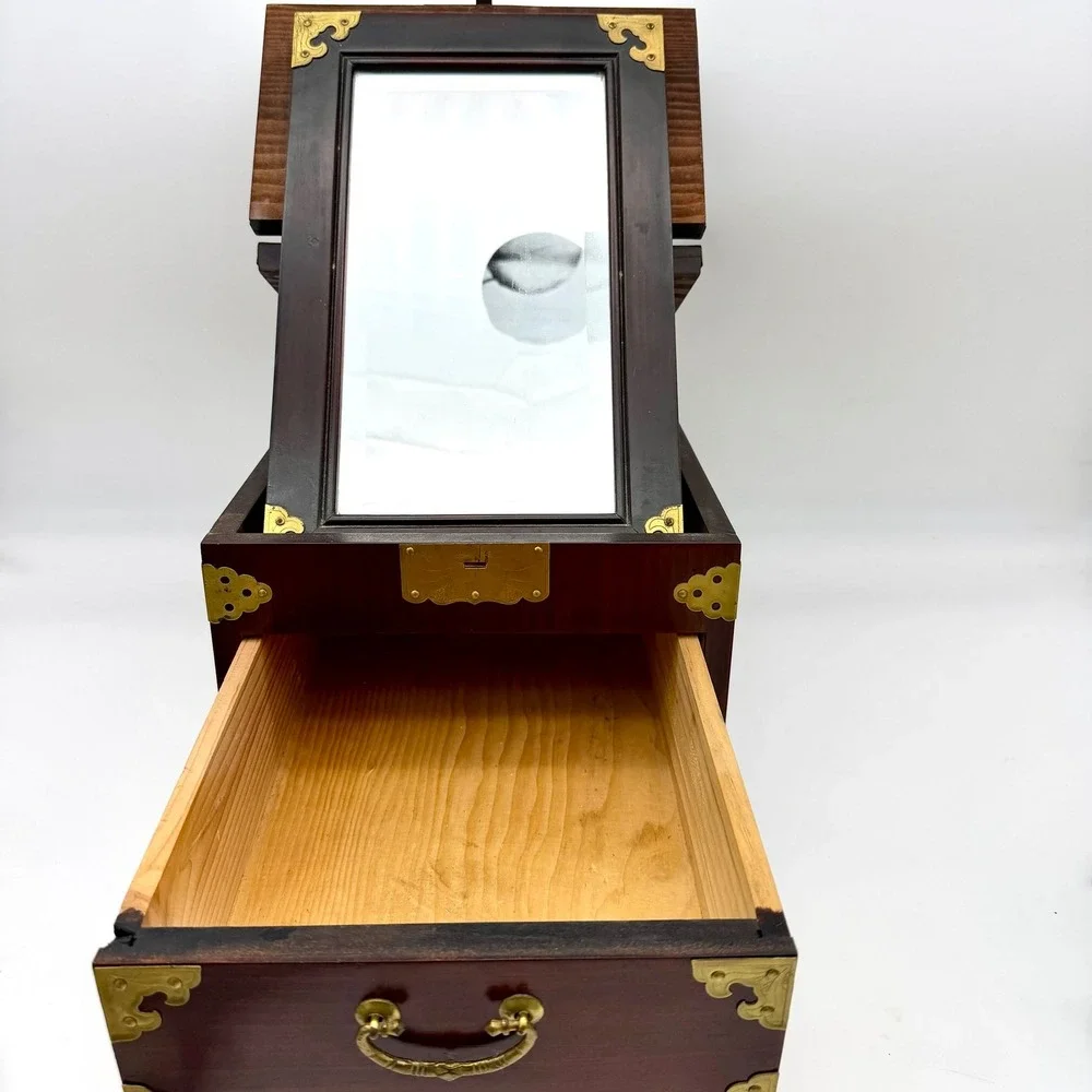Vintage Asian Wood Brass Vanity Mirror Jewelry Box Chest Brown